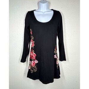 JW Los Angeles Black‎ Embroidered Floral Tunic Mini Dress Womens Small Retro EUC